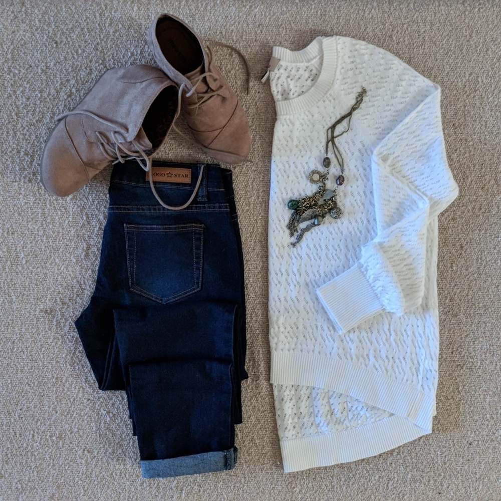 Ambar White Crewneck Sweater, Size - L